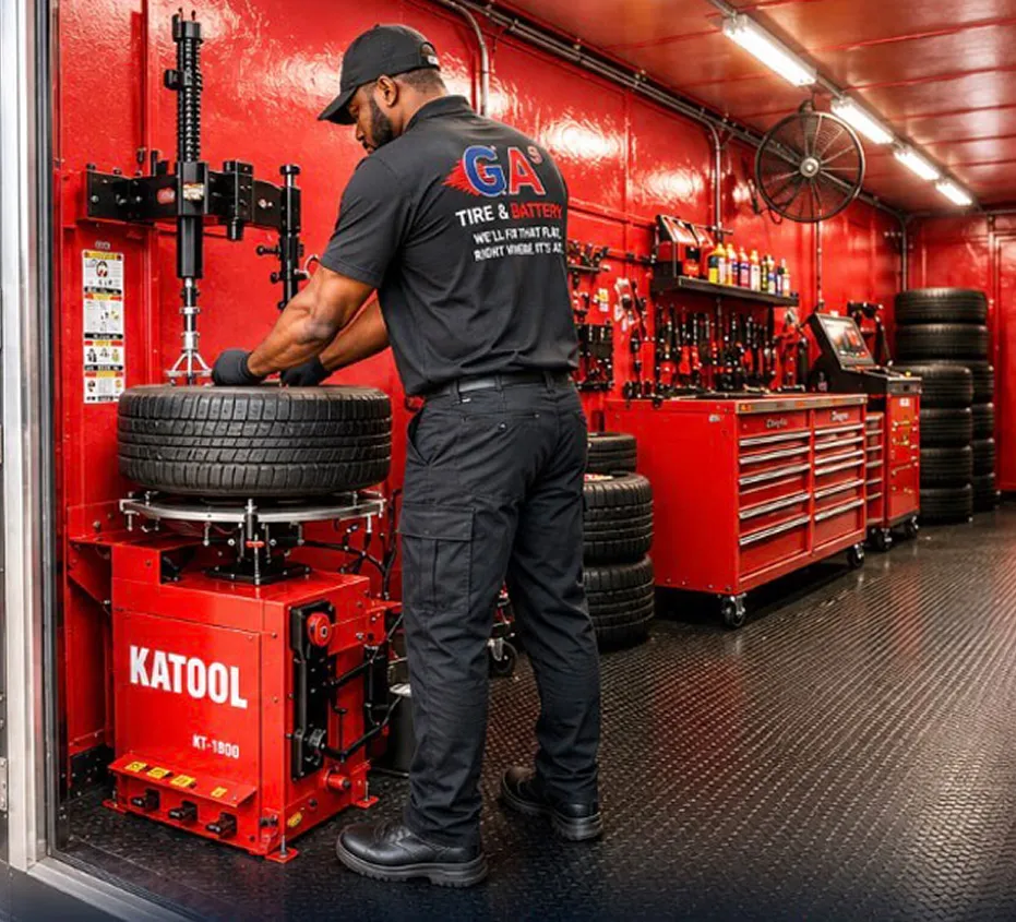 GA5 technician using a tire changer inside the service truck