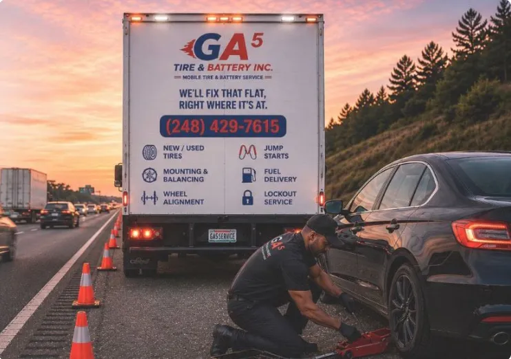 GA5 service truck and technician changing a tire at the roadside